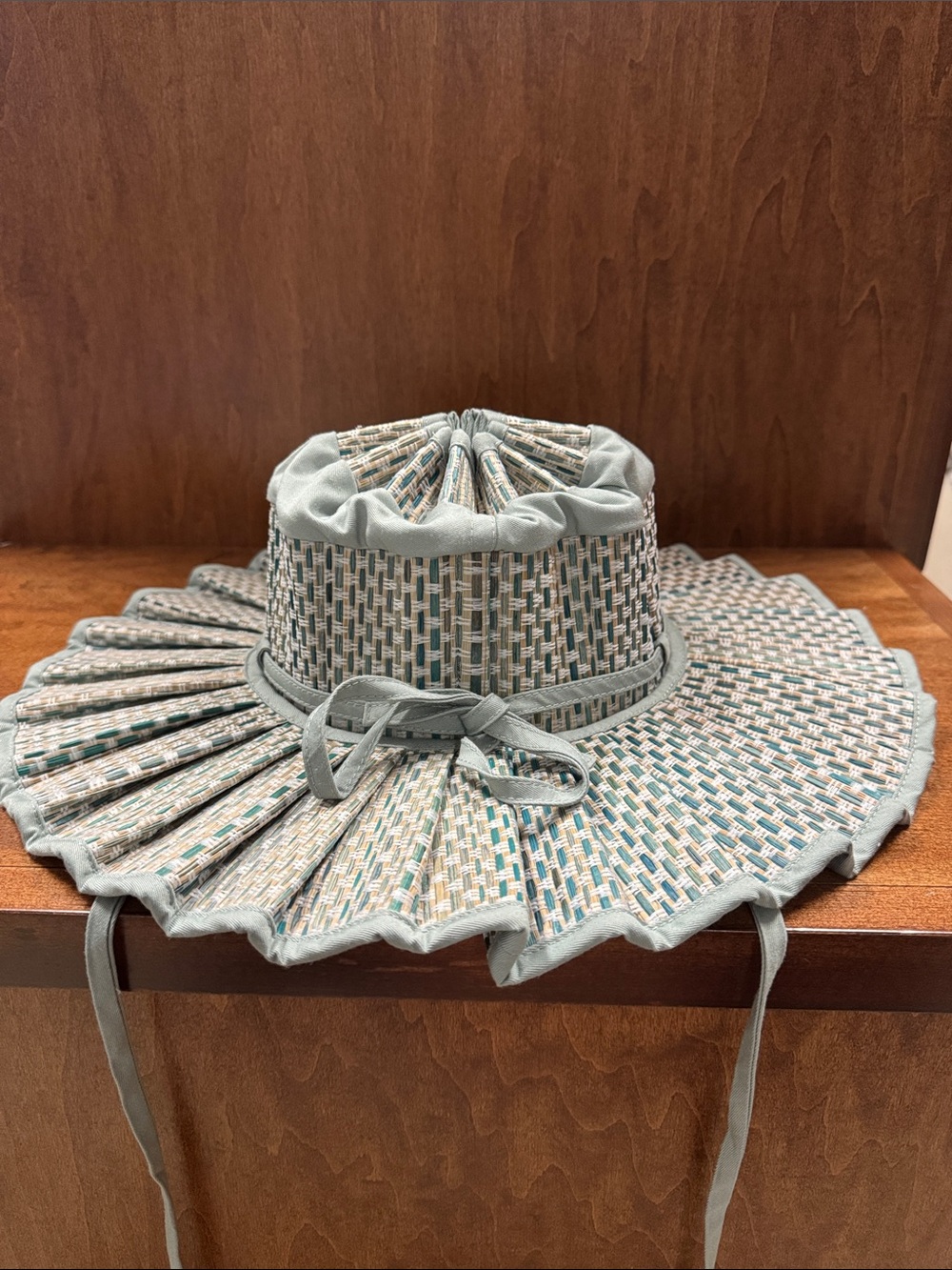Kids Wide-Brim Straw Sun Hat with Pleated Edge - Sage